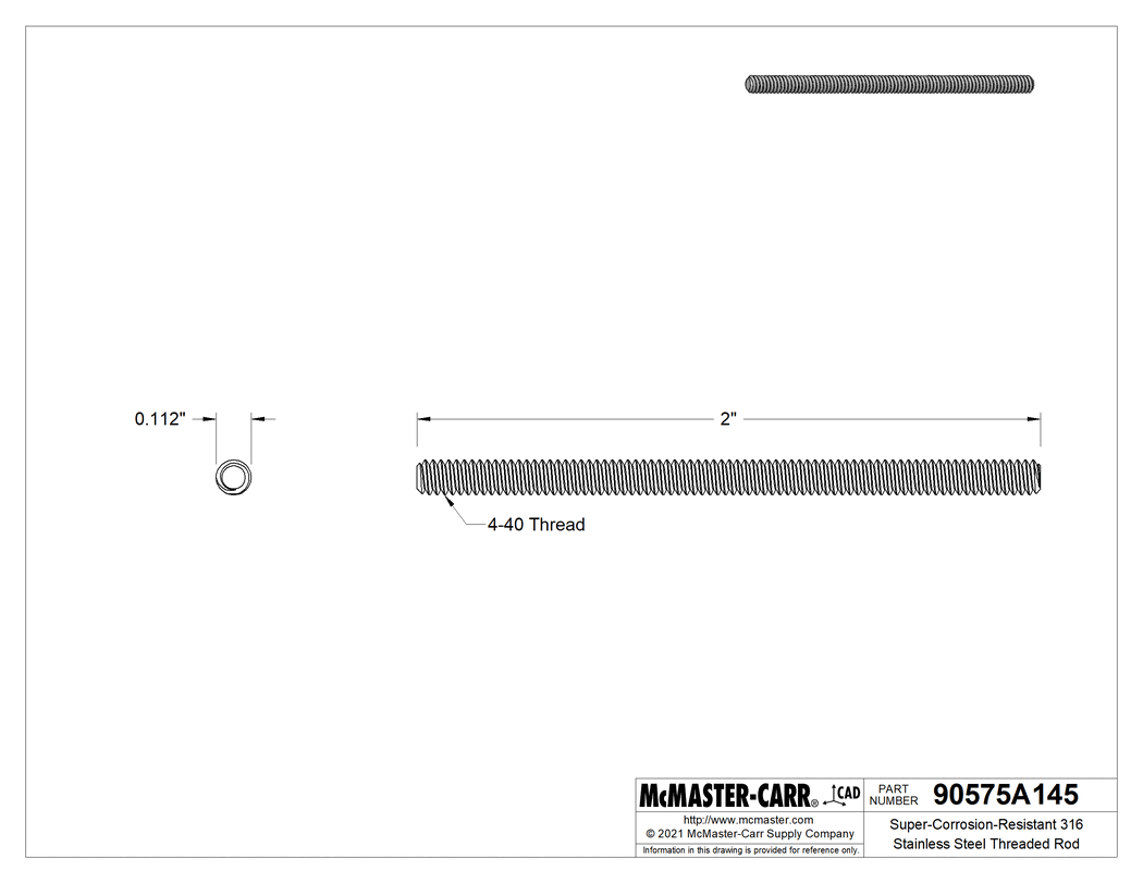Technical Drawing of Super-Corrosion-Resistant 316 Stainless Steel Threaded Rod, 4-40 Thread Size, 2" Long.